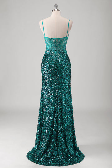 Pavone verde sirena spaghetti spalline lungo abito da cerimonia con paillettes